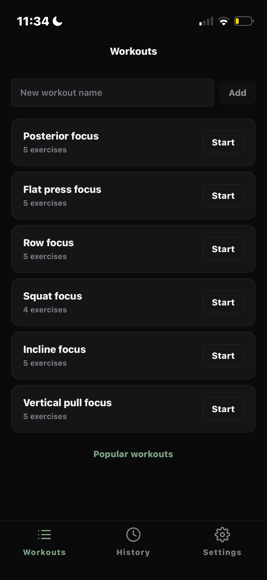 The Borr workouts list, ready to start a session.